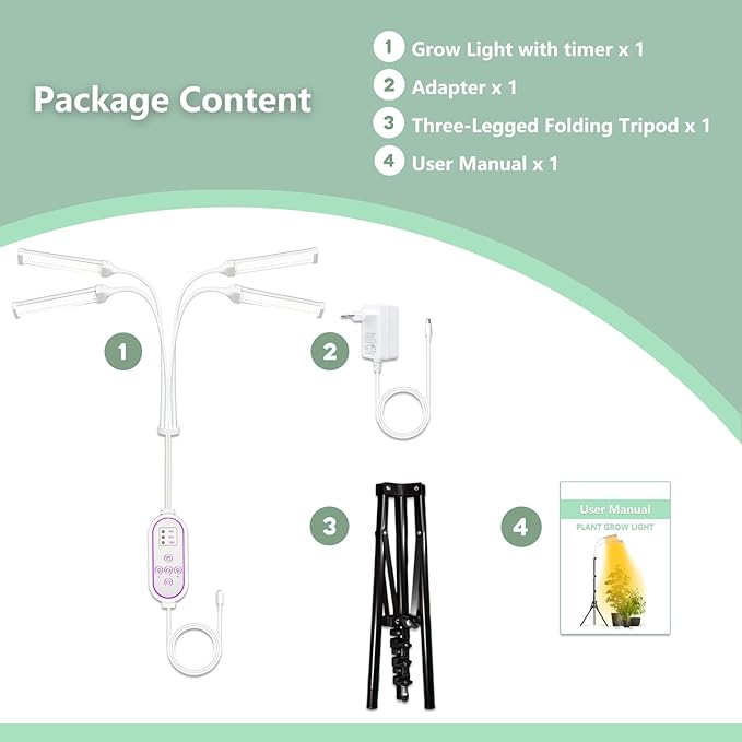 Grow Lights for Indoor Plants Full Spectrum, LED Plant Light with Stand, Adjustable Height, Plant Grow Lights with Auto 4/8/12/H Timer for Indoor Tall Plants(Stand-4 Head)