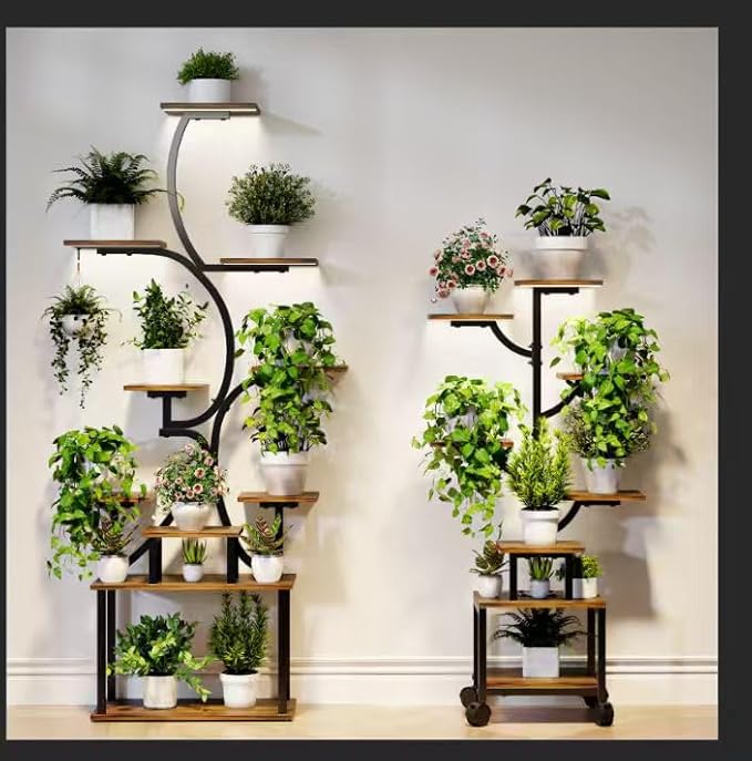 Plant Stand Indoor with Grow Lights - 9-Tier Curved Plant Stand, Tall Metal and Wood Indoor Plant Shelf with Unique Arched Design, Multi-Tier Flower Pot Holder Rack with Waterproof Finish, 63" Tall for Living Room, Balcony, and Garden