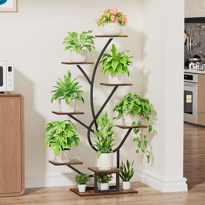 Plant Stand Indoor with Grow Lights - 8 Tiered Corner Plant Shelf Indoor, 50" Tall Lighted Plant Stand for Indoor Multiple Plants, Flower Stands Display Rack Holder for House, Patio, Black