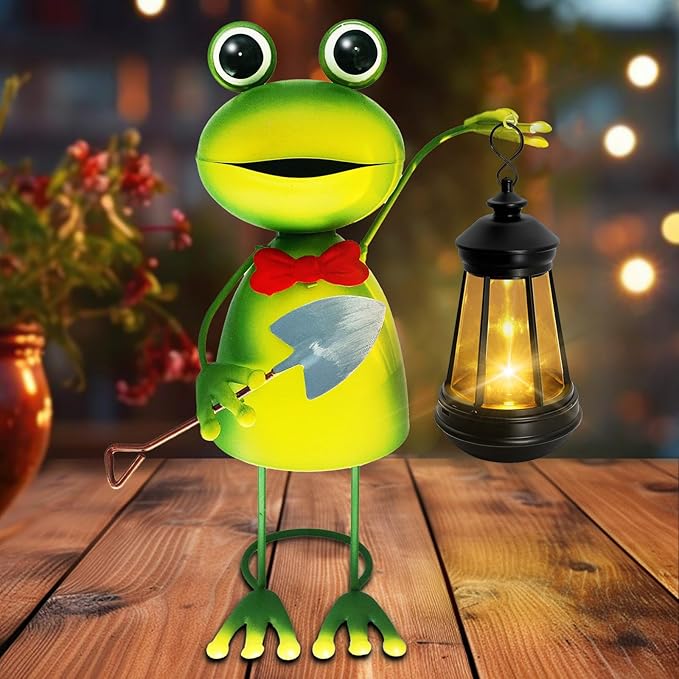 Solar Garden Lights Frog Statue,13.78in Tall Frog with Lantern Waterproof, Christmas Birthday Gifts for Women Mom Grandma, Big Metal Frog Stakes Decorative for Home Front Patio Balcony Yard Art Lawn