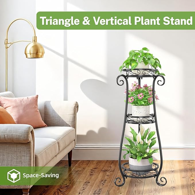 iDavosic.ly 3 Tier Metal Plant Stand Indoor Outdoor, Wrought Iron Corner Tall Flower Pot Holder Shelf, 34 Inch Vertical Heavy Duty Display Rack for Patio Porch Living Room Garden, Black