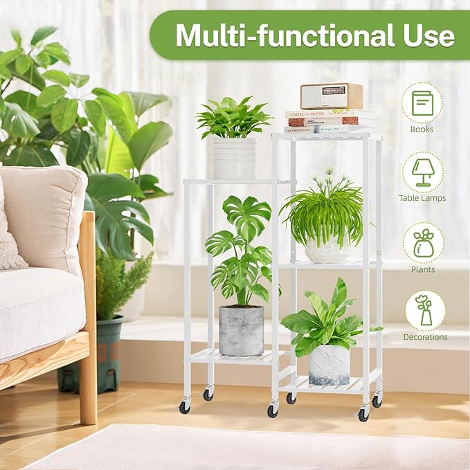 iDavosic.ly 5 Tier Plant Stand Indoor with Wheels, Metal Tiered Corner Flower Holder Shelf Outdoor for Large Pots, Tall Rolling Rack for Patio Porch Garden Balcony Living Room, White