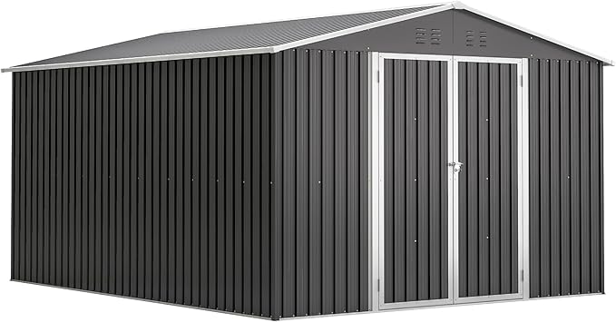 10x12 FT Outdoor Storage Shed, Large Metal Garden Shed with Lockable Hinged Doors, Outside Tool Shed with Sloped Roof & 4 Air Vents, Waterproof Storage Building for Backyard, Patio, Lawn, Black