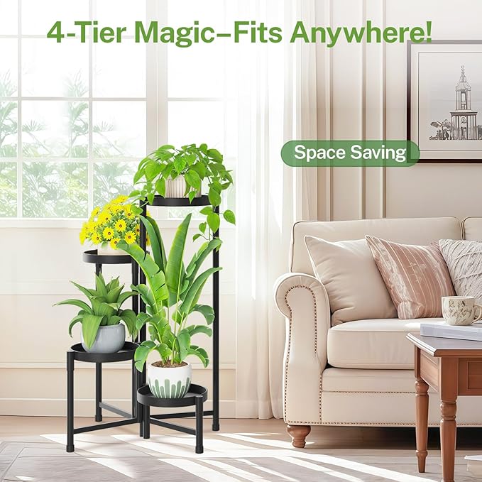 iDavosic.ly Plant Stand Indoor Outdoor, 4 Tier Corner Metal Flower Display Holder Shelf, Easy Assembly Folding Tall Orchid Rack for Patio Balcony Porch Garden Living Room House, Black