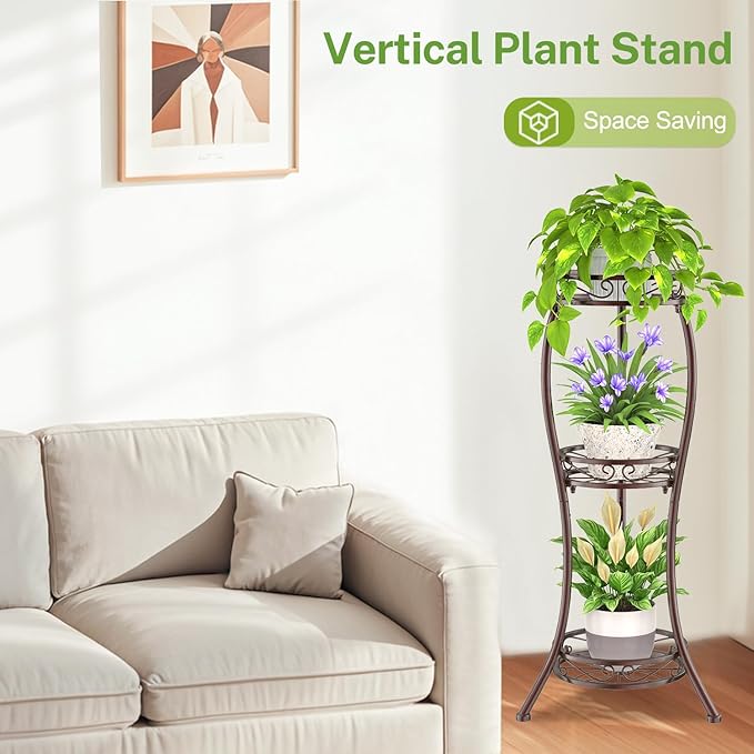 iDavosic.ly 3 Tier Tall Metal Plant Stand Indoor Outdoor, Wrought Iron Corner Flower Pot Holder Shelf, 34 Inch Vertical Display Rack for Patio Porch Living Room Garden, Bronze