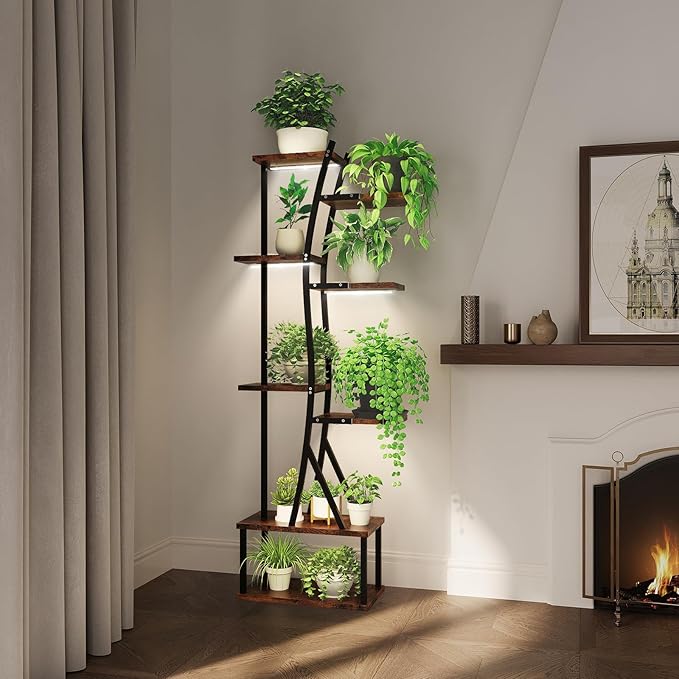 ROOMTEC Plant Stand Indoor with Grow Lights, Indoor Plant Stand with Curved Corner, 8 Tiered Plant Shelf Indoor, Tall Plant Stands Indoor for Living Room, Patio, Balcony Decor