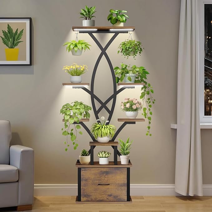Plant Stand Indoor with Grow Lights - 8 Tiered Plant Shelf with Storage Drawer, 65" Tall Plant Shelf with Grow Light & 2 Hooks, Corner Plant Stand for Indoor Plants, Metal Plant Holder for Home, Patio