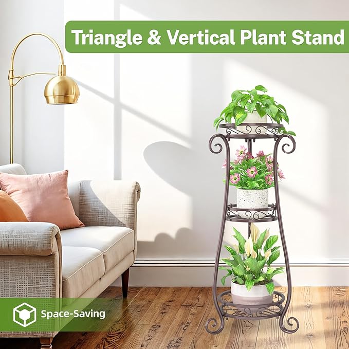 iDavosic.ly 3 Tier Metal Plant Stand Indoor Outdoor, Wrought Iron Corner Tall Flower Pot Holder Shelf, 34 Inch Vertical Heavy Duty Display Rack for Patio Porch Living Room Garden, Bronze