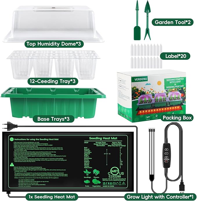 Verdenu Seed Starter Tray with Grow Lights and Heat Mat, 3 Pack 36-Cell Seedling Starter Kit with Humidity Dome, 3 Lighting Mode, 4 Dimming Level, Reusable Seed Germination Kit for Indoor Plant