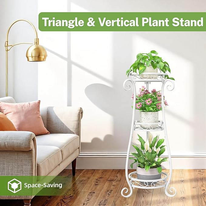 iDavosic.ly 3 Tier Metal Plant Stand Indoor Outdoor, Wrought Iron Corner Tall Flower Pot Holder Shelf, 34 Inch Vertical Heavy Duty Display Rack for Patio Porch Living Room Garden, White