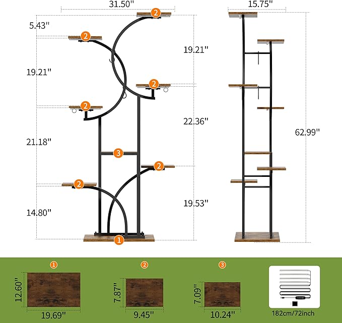 Plant Stand Indoor with Grow Lights, 63'' Tall Plant Shelf Indoor, 7 Tiered Corner Shelves for Indoor Plants Multiple, Large Plant Holder Flower Stands Rack, Double C-Shaped for Home Décor, Patio
