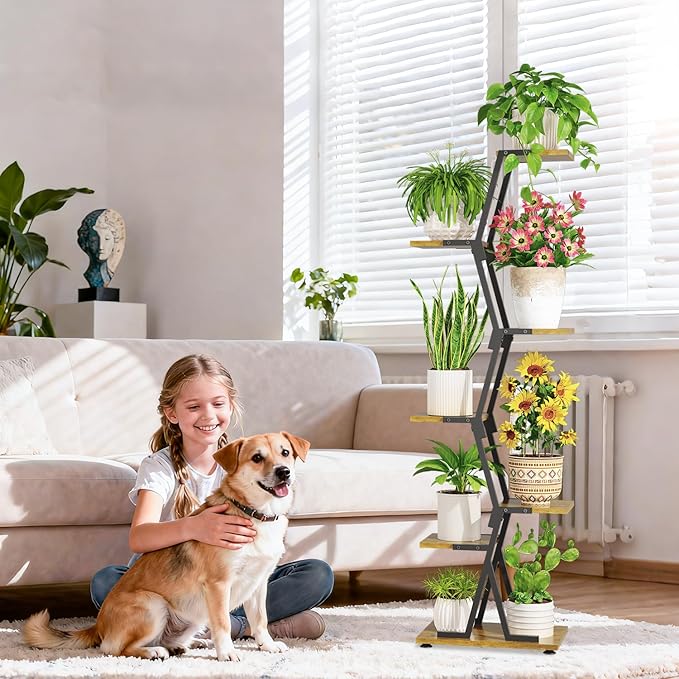 iDavosic.ly 6 Tier Indoor Plant Stand, Corner Tall Metal & Wood Flower Shelf, Orchid Display Rack for Living Room Balcony Patio Porch, Space Saving & Multifunctional Display, Black & Brown