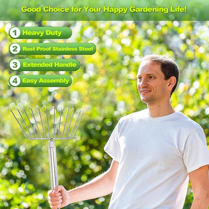 Rakes for Lawns, Garden Rake for Leaves, Turf Dead Grass Leaf Rakes Camping, Manual Dethatcher, Shrub, Debris, Weed Cleaning Removing Tool for Yard Landscape - Stainless Steel Heavy Duty