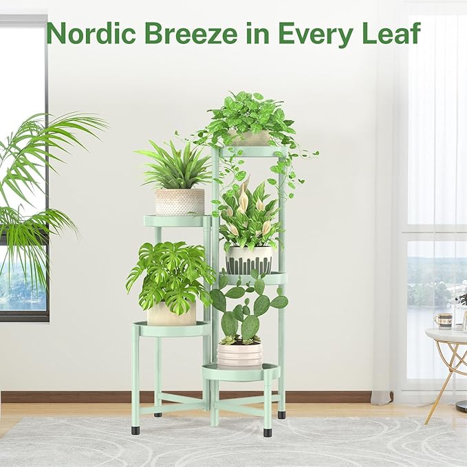 iDavosic.ly Plant Stand Indoor Outdoor, 5 Tier Corner Metal Flower Display Holder Shelf, Easy Assembly Folding Tall Orchid Rack for Patio Balcony Porch Garden Living Room House, Light Green
