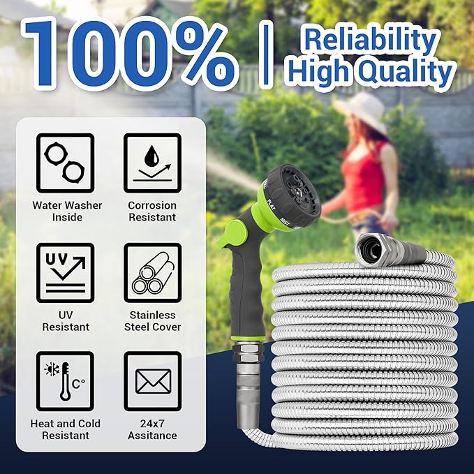 50 FT Stainless Steel Garden Hose – 304 Steel Heavy Duty Metal Hose, No-Kink, Puncture Resistant, Lightweight, Leak-Proof Swivel Fittings, 8-Pattern Nozzle for Garden, Yard, Outdoor Cleaning