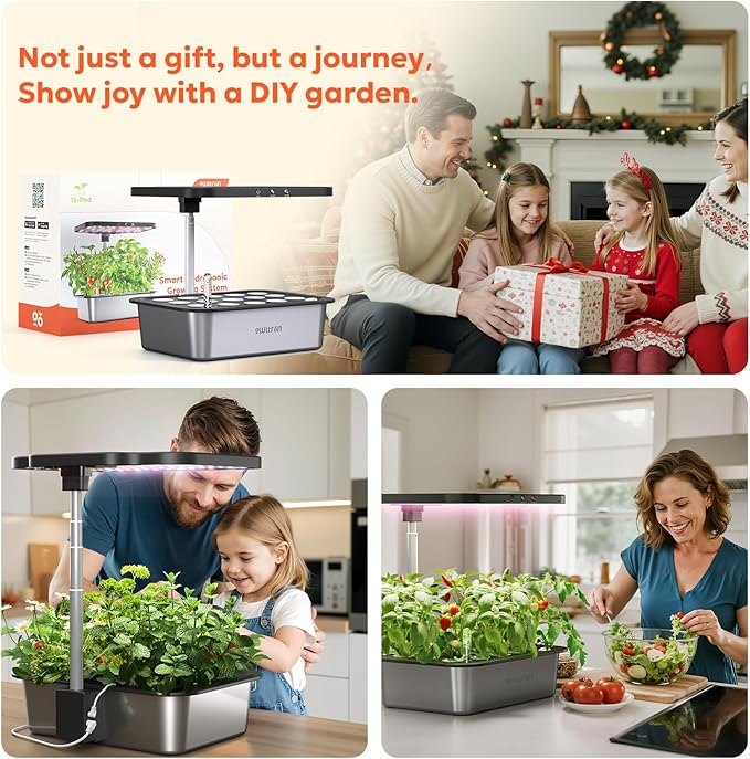 owltron Smart Hydroponics Growing System Kit,15 Pods Indoor Herb Garden with 36W LED Grow Light & APP Control, Planting Height Up to 30", Quiet Water Pump, Ideal Gift for All Ages Dark Silver