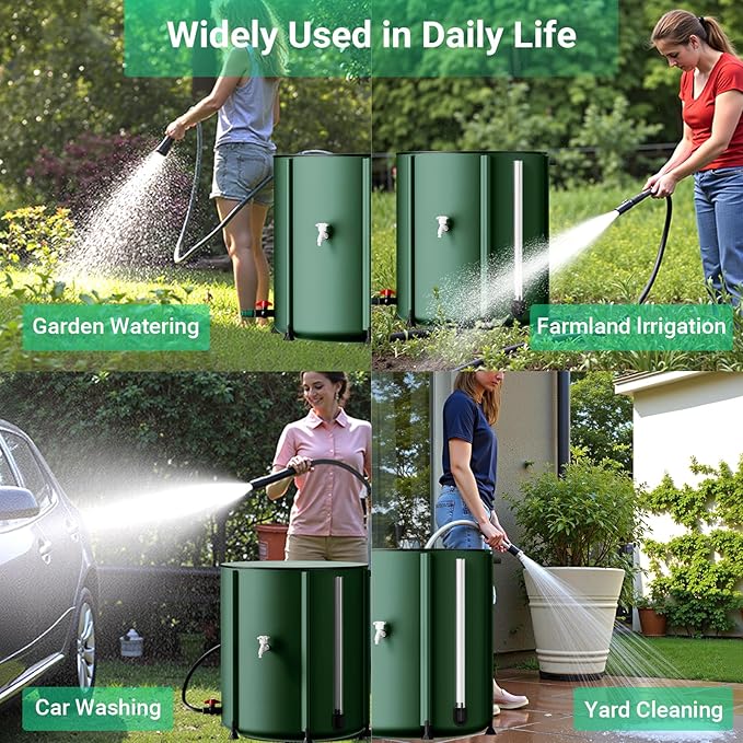 SKM Collapsible Rain Barrel, 53 Gallon Portable Rain Water Collection Barrel for Garden/Outside/Lawn, PVC Rainwater Collection System Water Tank Storage Container with Spigots & Overflow Kit, Green