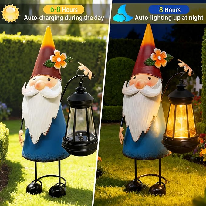 Solar Santa Claus Statue with Lights,14.56in Tall Solar Christmas Gnome Garden Sculptures, Birthday Xmas Gift for Woman Grandma Big Metal Decorative for Outdoor Patio Porch Ornaments Lawn Yard Balcony