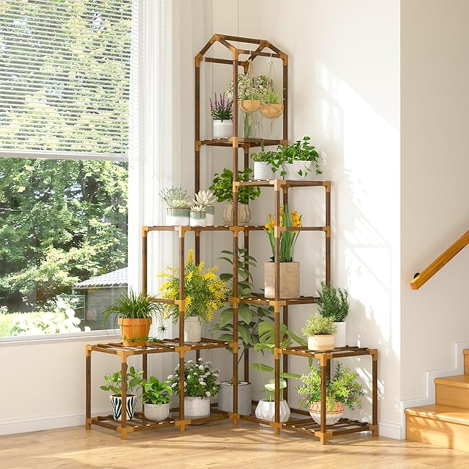 EnHomee 64.2" H Plant Stand Indoor Outdoor Tall Plant Shelf for 13-19 Pots Corner Tiered Plant Stands for Multiple Plants Wood Hanging Plants Holder for Garden Balcony Patio Window Porch