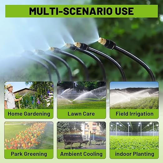 Drip Irrigation Kit - 100 FT. Hose Sprinkler System with 360° nozzles and T-connectors for Gardens, lawns, Plants, Flower beds, Trees, patios and hydroponics (Closeable nozzle-28)