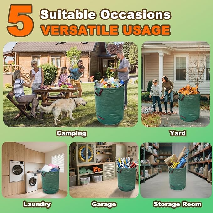 Reusable Yard Waste Bags, 72 Gallon Lawn and Leaf Garden Bags, 3 Pack Heavy Duty Garden Bags with Reinforced Carry Handles, Camping Yard Recycling Bag For Leaves, Lawn Debris & Grass Clippings