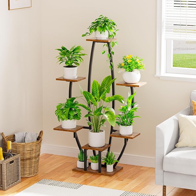 JUSTOGO Plant Stand Indoor with Grow Lights - 7 Tiered Large Plant Shelf, 47" Corner Shelf for Indoor Plants Multiple, Metal Flower Holder Curved Display Rack for Living Room, Home Decor, Patio