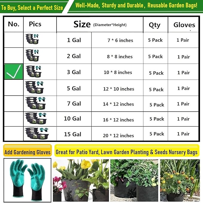 5-Pack 3 Gallon Plant Grow Bags (10x8 inch) Thickened Fabric Plant Pots Gardening Bags for Garden Pots,Plant Nursery Bag,Flower Pot,Herbs Veggies Planter Bag,Barrel Planter,Garden Containers W/ Gloves