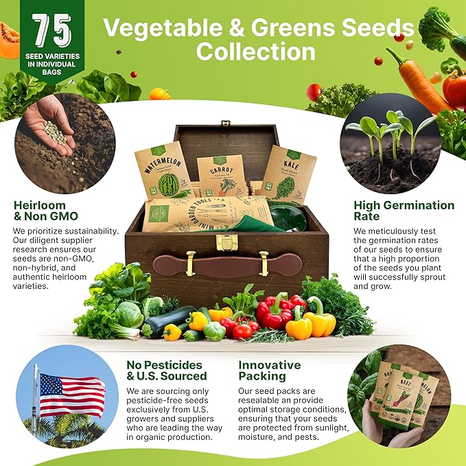 75 Vegetable & Greens Seeds Variety Pack, Garden Seed Starter Kit - Over 44,700 Non-GMO Heirloom Seeds for Planting Vegetables and Greens, Christmas Gift Seed Box with Gardening Supplies, Survival Kit