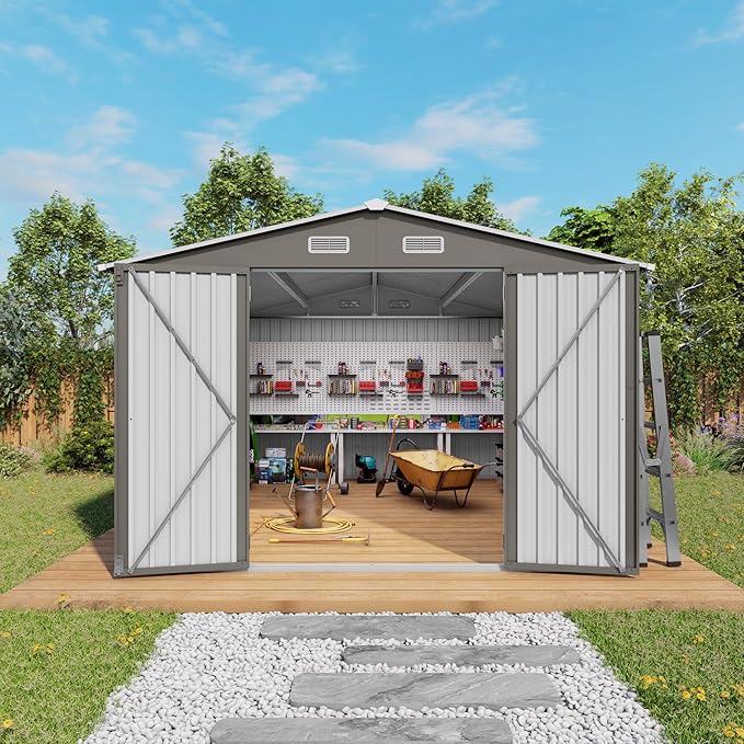 10x12 FT Outdoor Storage Shed, Large Metal Garden Shed with 2 Windows, Outside Tool Sheds with Lockable Hinged Doors, Waterproof Storage Building with 4 Air Vents for Backyard, Patio, Lawn, Gray