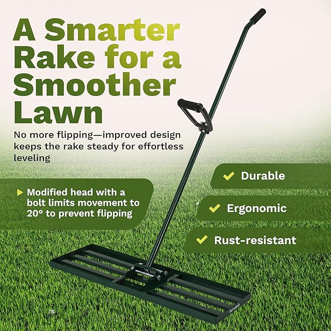 Lawn Leveling Rake 30x10 inch, Anti Flip - Heavy Duty Leveling Tool, Steel Handle, and Rake Head– Includes Gloves, Planting Mat, and Garden Shears – Yard Leveler for Lawn Garden, Soil, Sand, and Grass