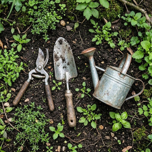 essential garden tools including pruning shears, hand trowel and watering can placed on garden soil with green plants