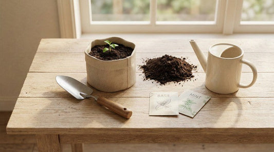 beginner gardening setup with a small grow bag, potting soil, basil and mint seed packets, watering can, and hand trowel arranged on a wooden table for simple home gardening