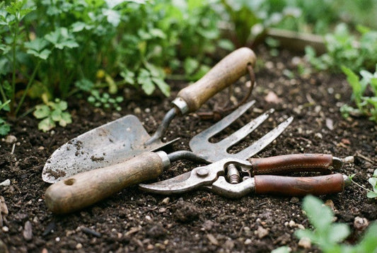Close-up of hand gardening tools and pruning shears used for everyday gardening tasks, highlighting essential tools for planting and plant care
