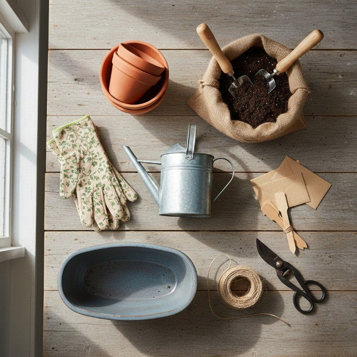 essential gardening tools arranged in a flat lay, including a watering can, terracotta pots, soil with hand trowels, gloves, twine, and plant labels for easy home gardening