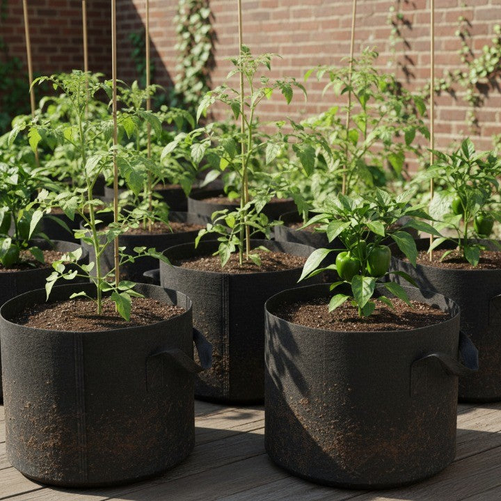 grow bags filled with healthy vegetable plants growing on a sunny patio, showcasing breathable fabric pots ideal for tomatoes, peppers, and small-space gardening