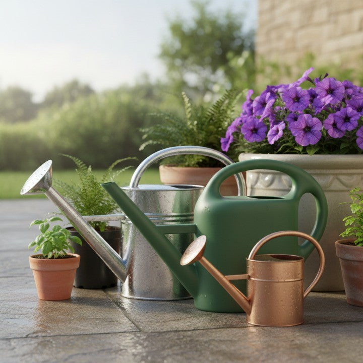 watering cans in metal, plastic, and copper styles arranged beside blooming outdoor plants, ideal for easy and precise watering in home gardens