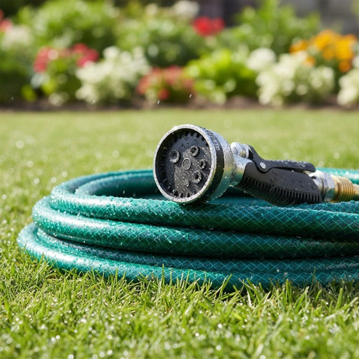 durable garden hose with adjustable spray nozzle resting on a freshly watered lawn, ideal for easy watering and versatile outdoor garden care