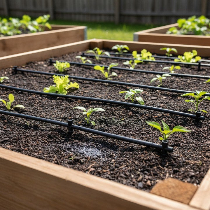 drip irrigation kit installed in raised garden beds, delivering efficient water directly to young vegetable plants for healthier and low-maintenance growing