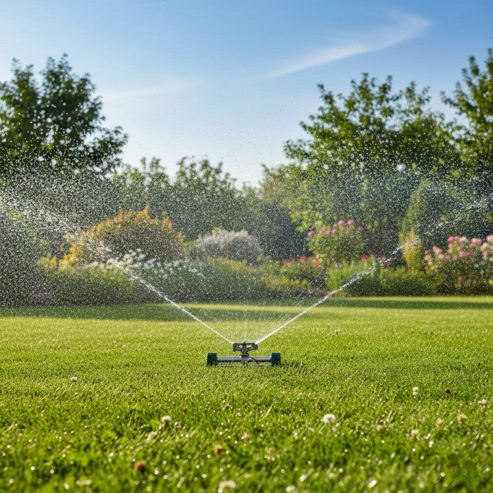 garden sprinkler watering a wide lawn with even spray coverage on a sunny day, ideal for efficient lawn care and backyard gardening