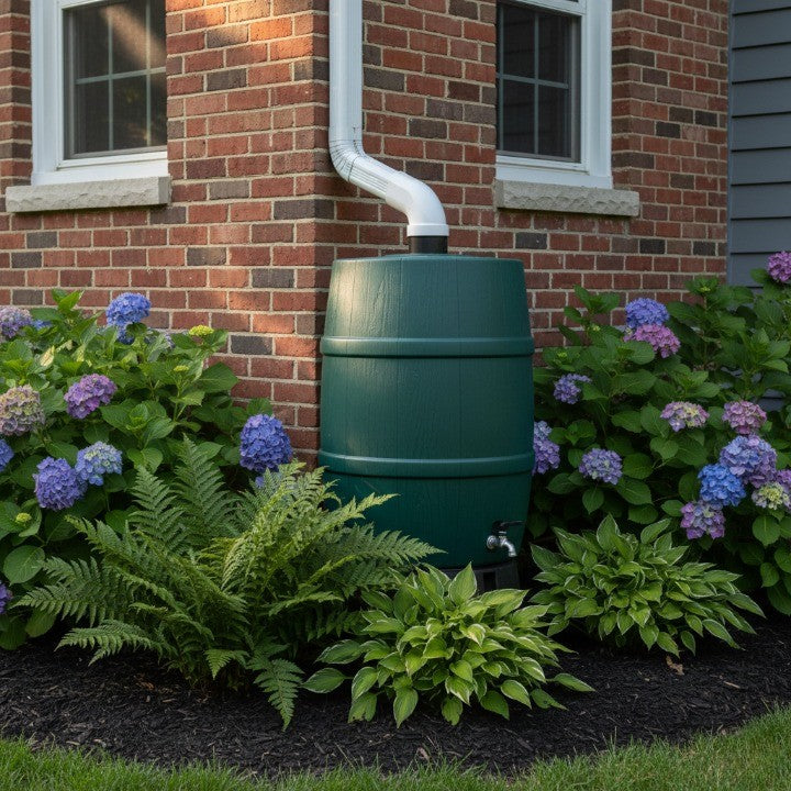 durable outdoor rain barrel connected to a downspout, collecting rainwater beside a brick house garden with hydrangeas and lush greenery for eco-friendly watering