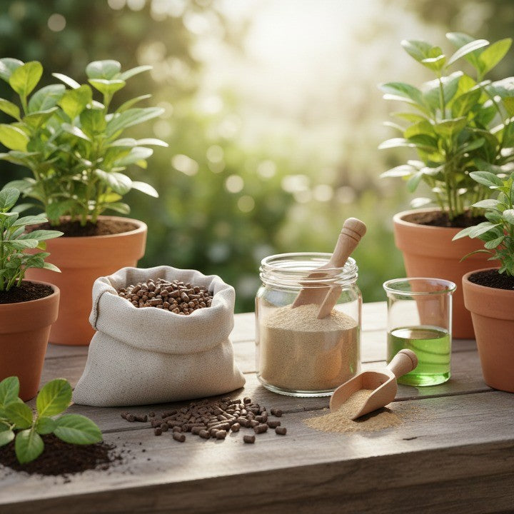 organic fertilizer pellets and natural powdered nutrients displayed with potted plants on a garden table, showcasing eco-friendly plant food for healthier growth