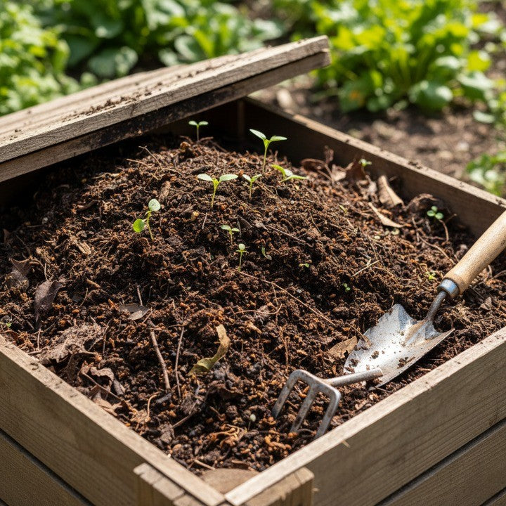 nutrient-rich compost and worm castings in a wooden bin with young seedlings and garden tools, showcasing natural soil boosters for healthier plant growth