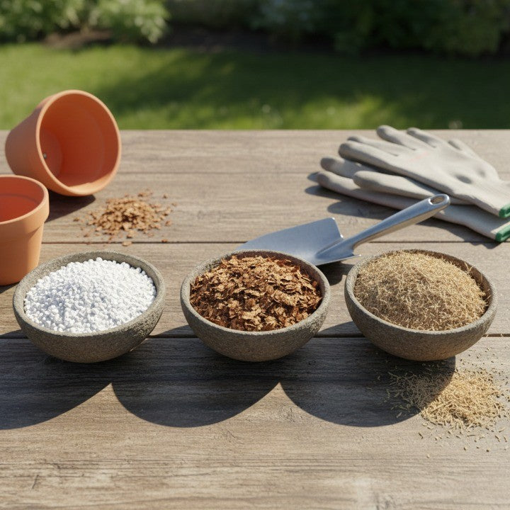 essential soil amendments including perlite, coconut coir, and organic bark chips displayed with gardening tools, highlighting materials that improve aeration, drainage, and plant health