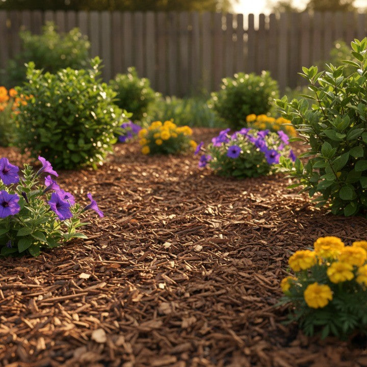 fresh wood mulch spread around flowering garden plants to improve moisture retention, suppress weeds, and enhance landscape appearance