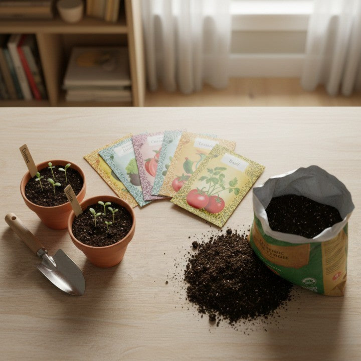 variety of vegetable seed packets with newly sprouted seedlings and nutrient-rich soil, ideal for starting tomatoes, herbs, and other homegrown vegetables