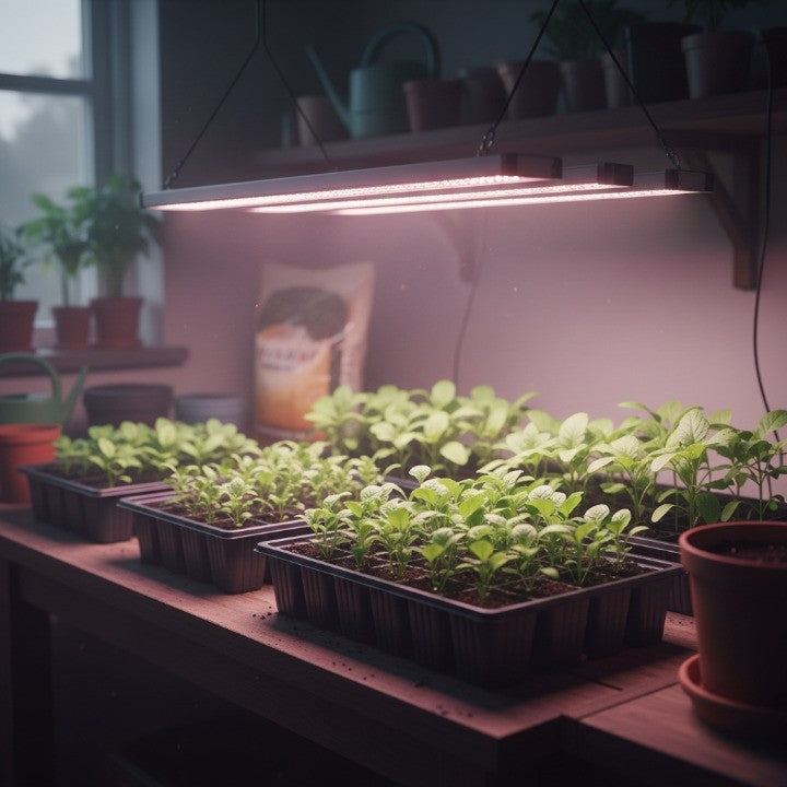 indoor grow lights illuminating seedling trays for healthy early plant growth, showing essential starter supplies for successful home gardening