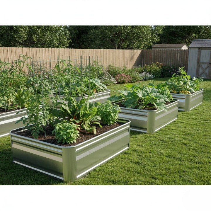 durable metal raised garden beds filled with thriving vegetables, showcasing sturdy elevated planters for efficient home gardening