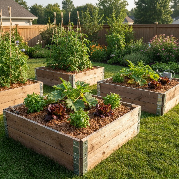 sturdy wood raised garden beds filled with thriving vegetables and mulch, showcasing durable wooden planters for productive home gardening