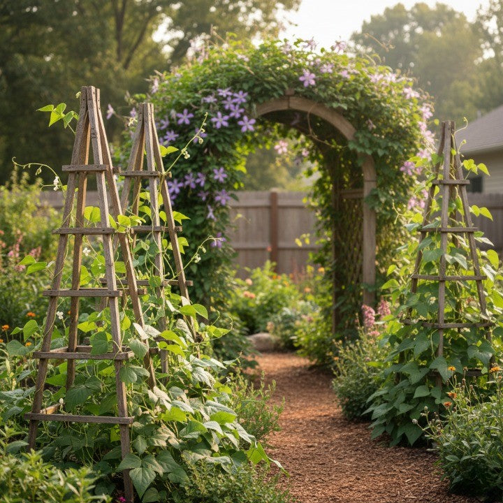 wood garden trellises and a vine-covered arbor supporting climbing plants in a lush backyard garden pathway, ideal for vertical gardening and decorative landscaping