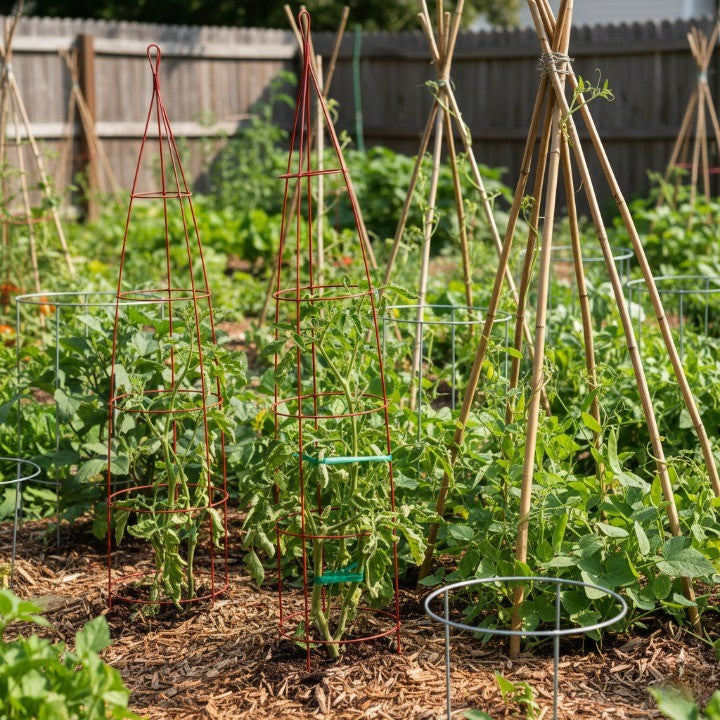 metal tomato cages and bamboo garden stakes supporting growing vegetable plants in a mulched backyard garden, essential plant supports for healthier vertical growth